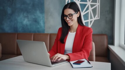 Smiling Businesswoman in Red Blazer Working on Laptop at Table with Notepad - Powered by Adobe