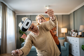 Senior woman playing virtual reality game at home with friend