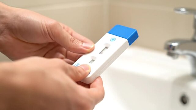 Hands holding rapid medical test kit with two lines, close-up in bathroom