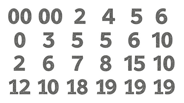 Collection of sparkling rhinestone numbers from zero to nineteen set against a pristine white