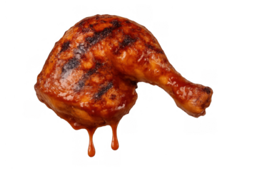 Grilled chicken drumstick dripping barbecue sauce, preparing for a delicious a la carte meal, transparent background