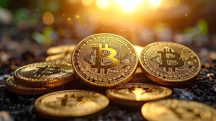 Bitcoins Pile Under the Bright Sunlight Digital Currency Concept