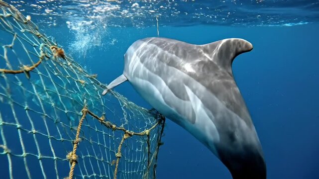 Dolphin entangled in fishing net, a stark reminder of the devastating impact of human activities on marine life