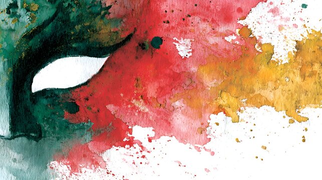 Abstract watercolor artwork featu a partial face with a vibrant splash of red, yellow, and green on a crisp white background creates depth.