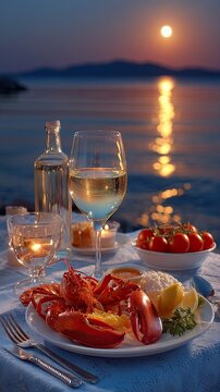 Futuristic geometric minimalism - Romantic Sunset Dinner with Lobster and Wine by the Sea - abstract composition