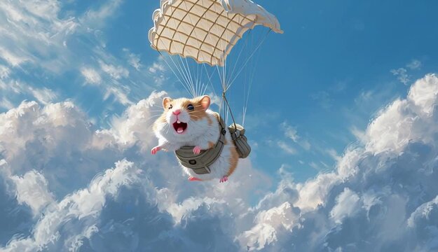 hamster parachuting into the sky. The hamster is depicted in midair, with a parachute attached to its back
