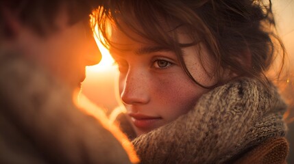 A beautiful young woman gazes lovingly into the eyes of her partner wrapped in a scarf du a golden sunset light romantic moment.