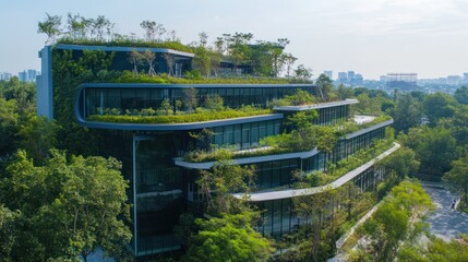 Obraz premium a modern architectural marvel blending seamlessly with nature, showing a commitment to sustainable design and green building innovation initiative