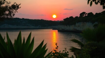 serene coastal tranquility revealed in a symphony of colors, as the sun paints the sky and sea during a picturesque sunset moment