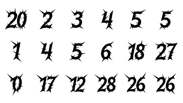 Unique Black Number Set with Spikes, Ideal for Gothic and Edgy Designs applications
