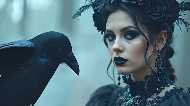 Gothic Enchantment Woman with Crow in Dark Fantasy Portrait
