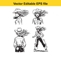 Fototapeta premium collection of four black and white vector illustrations depicting a female cowgirl in various poses, showcasing her western attire and flowing hair, suitable for vintage or western themes