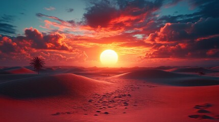 A breathtaking sunset paints the sandy desert with vibrant colors, featuring dramatic clouds and a solitary palm tree creating a striking silhouette.