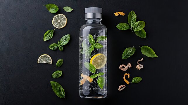 A glass water bottle filled with infused water, lemon slices, and mint leaves, arranged on a black background. Includes additional leaves and citrus peel.