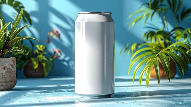 Refreshing Still Life White Can Amidst Verdant Plants and Playful Shadows