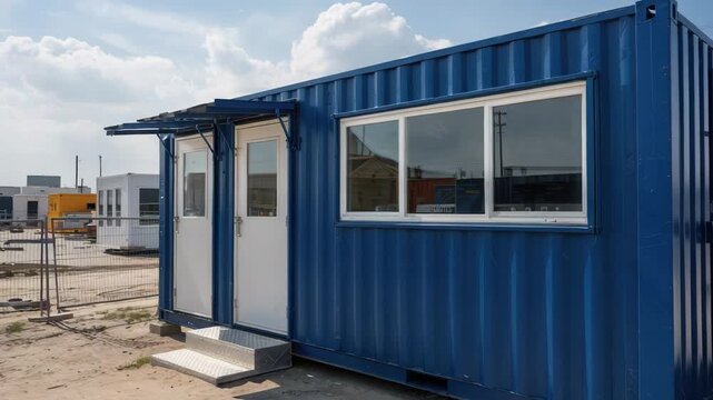Blue shipping container office on construction site offers flexible workspace solutions, showing dynamic construction and innovative modular architecture