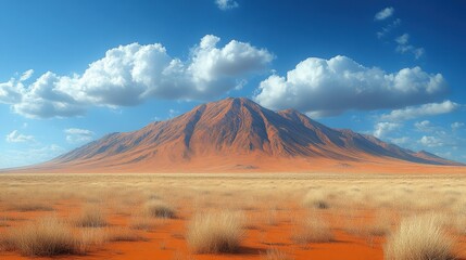 Obraz premium A dramatic desert scene featuring a massive mountain rising from the sands, framed by a partially cloudy sky. Evokes a sense of scale, isolation, and natural beauty.