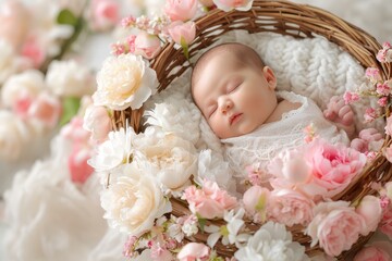 Newborn peaceful portrait, Calm newborn nestled within blooming roses and delicate lace, Tranquil infant in cozy basket adorned with blush blossoms and airy lace fabric