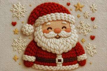 Cute Santa Claus Hand Embroidery in Red Yarn Christmas Textile Art