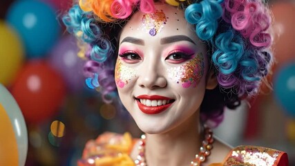 A smiling woman with colorful curly hair and glittery makeup, ready for a celebration