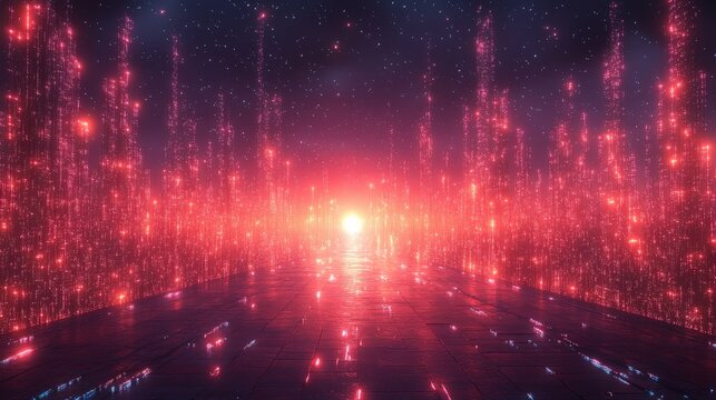 Dynamic visual effect of vibrant red sparkles against a dark backdrop. Ethereal and captivating, ideal for conveying energy and excitement.