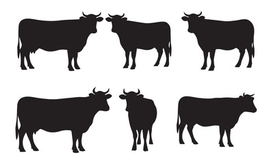 Cattle and Cow Silhouette Vector Set: Farm Animal Collection in Various Poses - Standing and Grazing - Dairy and Beef Agriculture Icon Pack for Logo, Branding, and Product Design