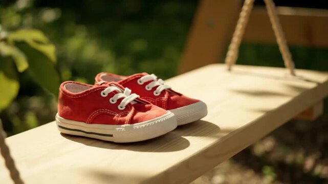 Red baby canvas shoes on a wooden swing outdoors, childhood memories