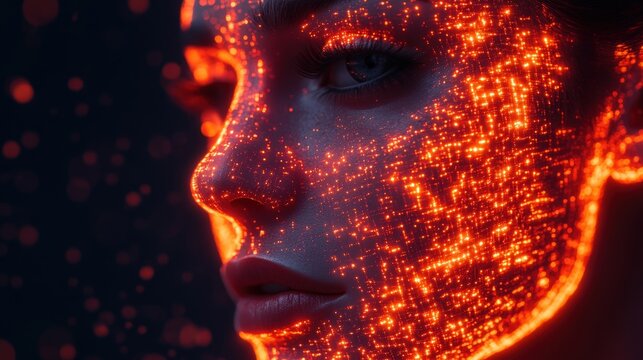 A dramatic close-up portrait featuring a face adorned with luminous red dots, contrasted against a deep black background. Evokes mystery, intensity, and perhaps a surreal or unsettling aesthetic.