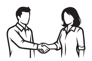 Business Handshake Vector Line Art: Outline Illustration of Man and Woman Shaking Hands - Corporate Agreement, Partnership, and Deal Concept for Collaboration and Success