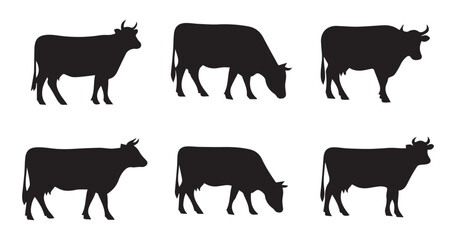 Cattle and Cow Silhouette Vector Set: Farm Animal Collection in Various Poses - Standing and Grazing - Dairy and Beef Agriculture Icon Pack for Logo, Branding, and Product Design