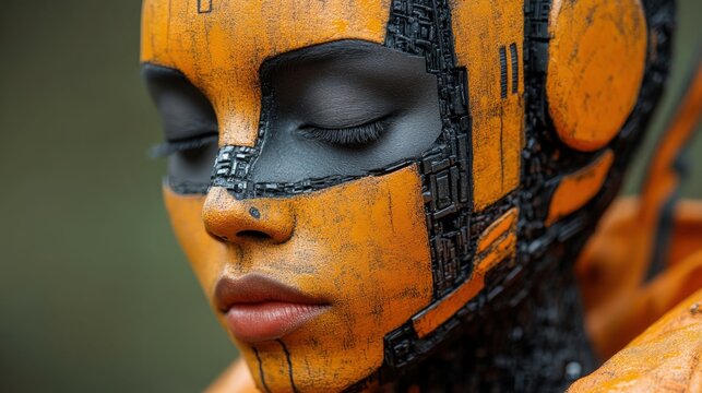 A detailed close-up shot of an orange robotic face featuring black accents. The background is blurred and green, emphasizing the robotic subject.