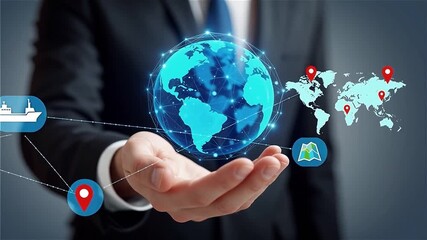 Global Logistics: Business Leader Presenting Earth with Transportation Icons. Shipping, Travel & International Trade!

 - Powered by Adobe