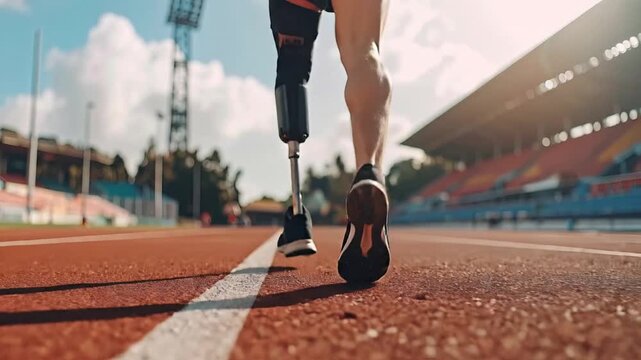 Athlete with prosthetic leg training on running track, representing perseverance and overcoming physical challenges