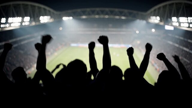 Energetic crowd cheering at a stadium during a sporting event, silhouetted against bright lights and smoke. Excitement and passion!

