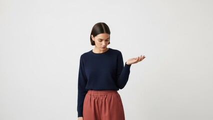 Woman in dark blue sweater and rust colored pants looking down thoughtfully