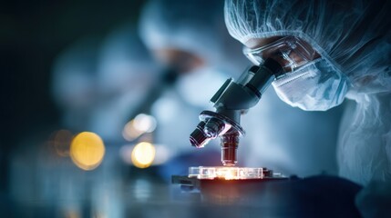 Midshot of researchers examining advanced nanoparticles under a microscope in a hightech lab focused on medical nanotechnology applications.