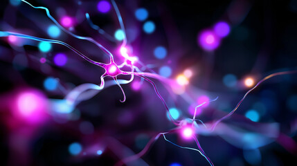 Neural network model visualization with vibrant nodes and flowing connections, data streams and gradients, AI/ML trend poster feel, with copy space