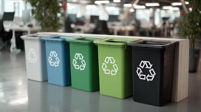 Medium shot of a clean indoor recycling station with clearly labeled bins for paper plastic and glass waste promoting organized waste segregation.