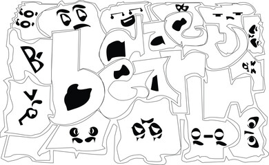 Black and white doodle art with abstract shapes and cartoon faces.