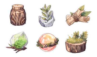 Naklejka premium Illustrated Nature Totem Sticker Set Featuring Painterly Elements and Organic Designs