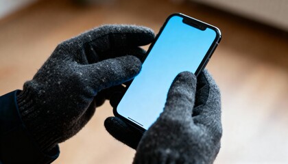 Gloves holding a smartphone with a blue screen view