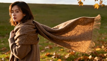 Woman with scarf in autumn landscape looking back