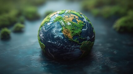 A vibrant, pixelated globe featuring green and blue water patches, creating a retro and abstract ocean scene.