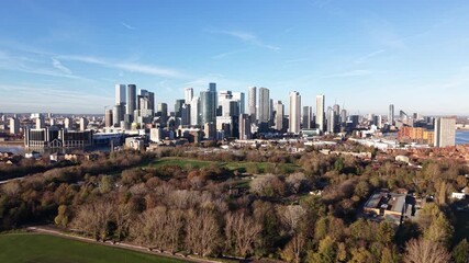 Aerial View of Canary Wharf with Park and Greenery in Front