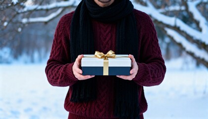 Man holding a gift in a snowy winter landscape scene