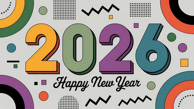 Happy New Year 2026 greeting card with colorful retro geometric design and patterns.