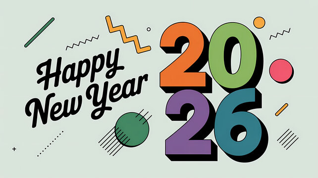 Happy New Year 2026 greeting with colorful typography and retro geometric shapes on a light green background.