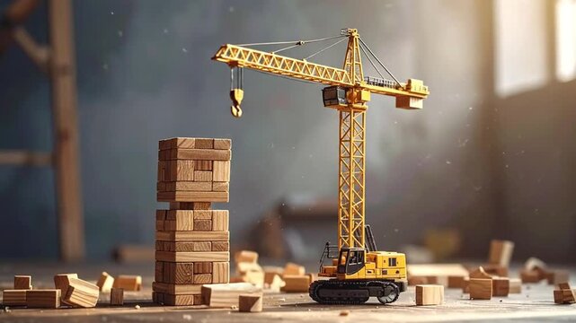A detailed miniature construction scene featuring a toy crane and stacked wooden blocks, symbolizing the foundational stages of development, progress, and architectural growth