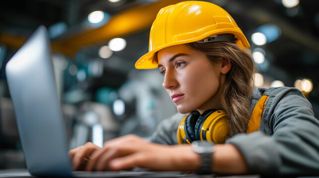Female machinery technician programming a CNC with a laptop in advanced metal plant, safety gear, G-code on screen, precision setup moment, with copy space