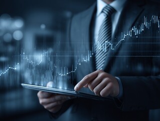 Businessman Analyzing Stock Market Data on Tablet with Financial Graphs and Indicators in a Corporate Environment